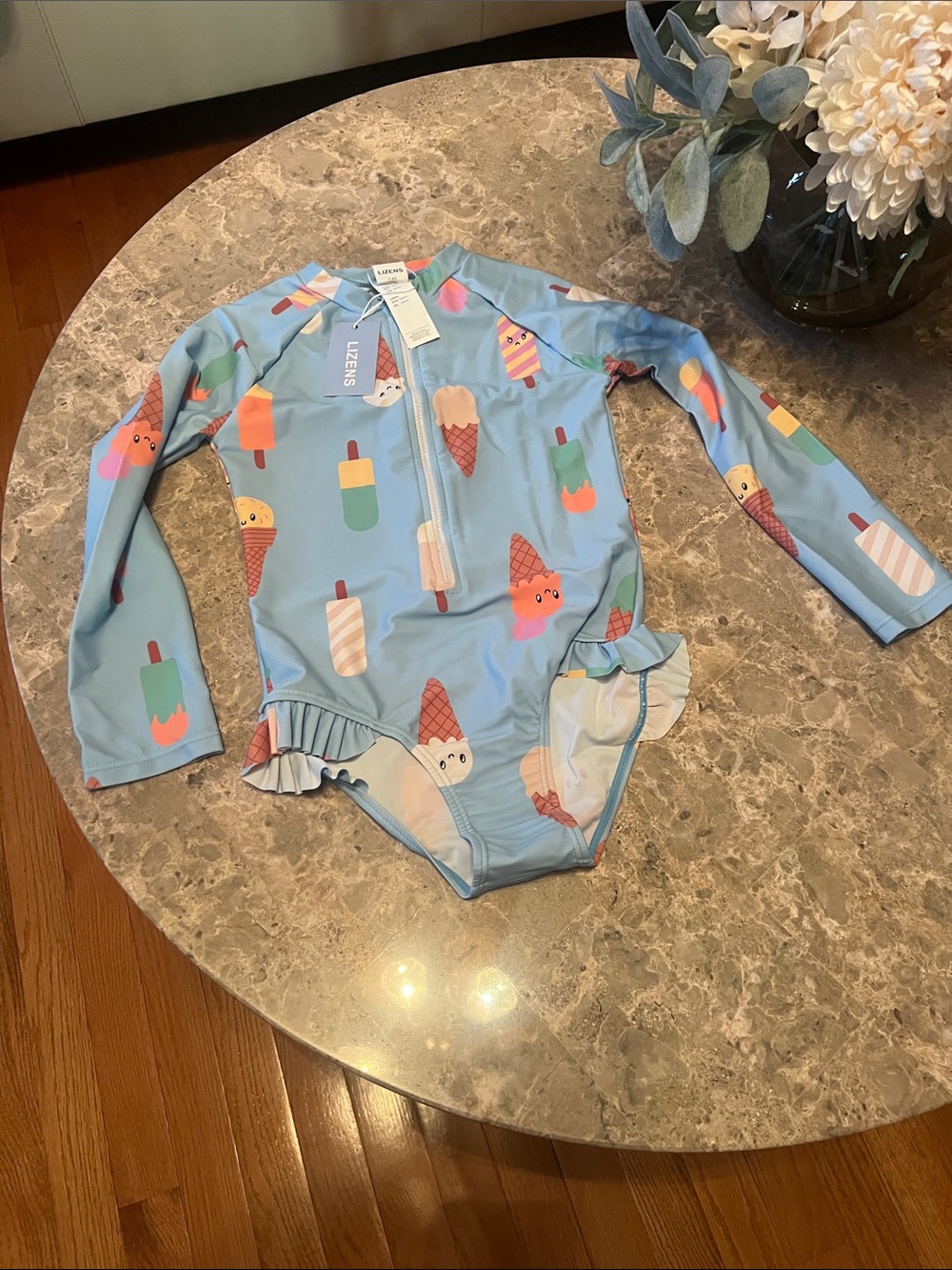 Light Blue Kids One-Piece Rash Guard Swimsuit with Ice Cream Print